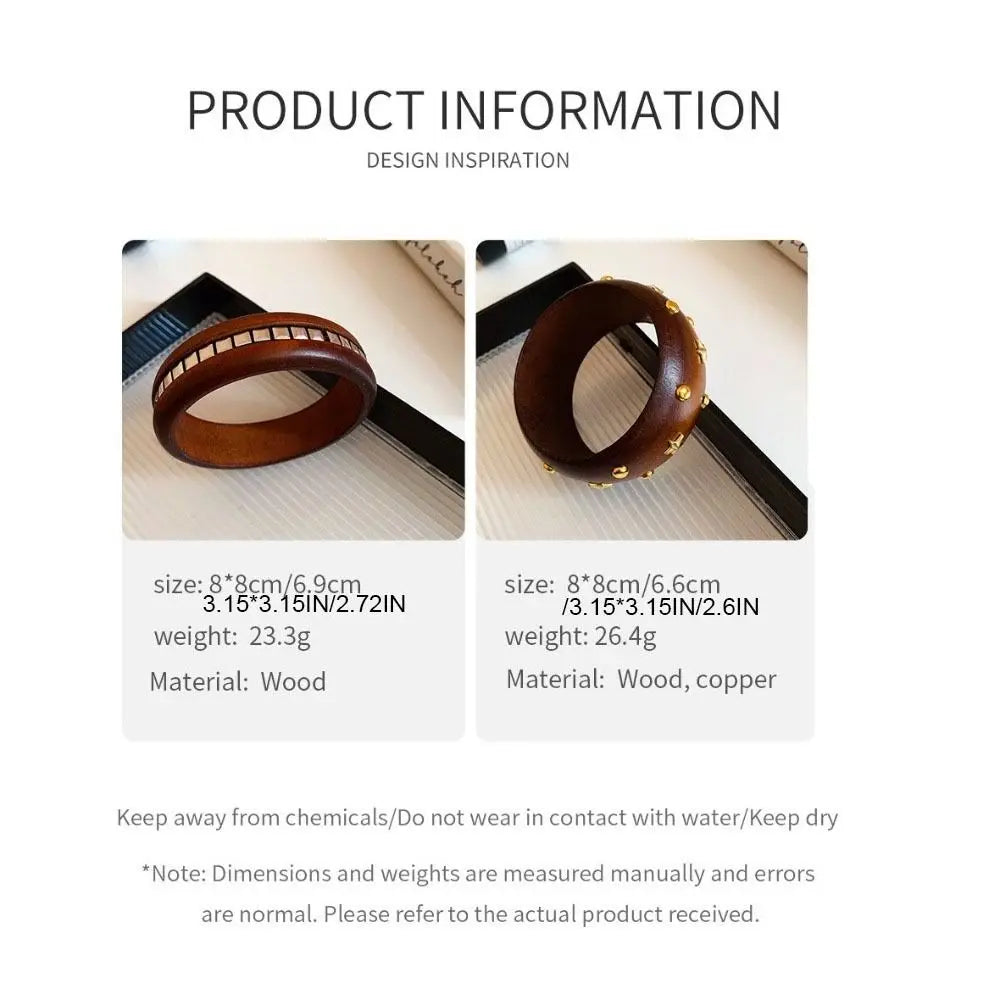 Chinese Style Wooden Bangle – Punk Y2K Wide Rivet Bracelet Wooden Bangle Bracelet PLUSH
