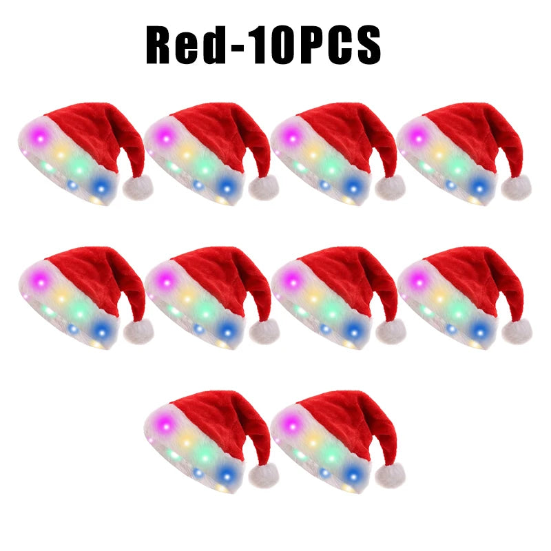 LED Light-Up Santa Hat – Plush Christmas Cap Adults & Kids LED Christmas Hat PLUSH For Adult Red 10PCS