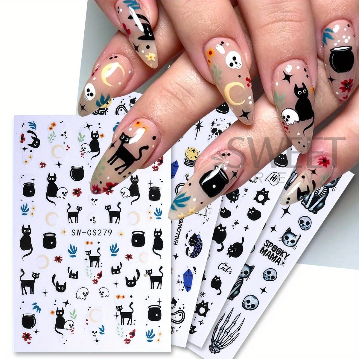 Halloween Nail Art Decals – Black Cat & Skull Stickers 4pcs Nail Art Decals PLUSH
