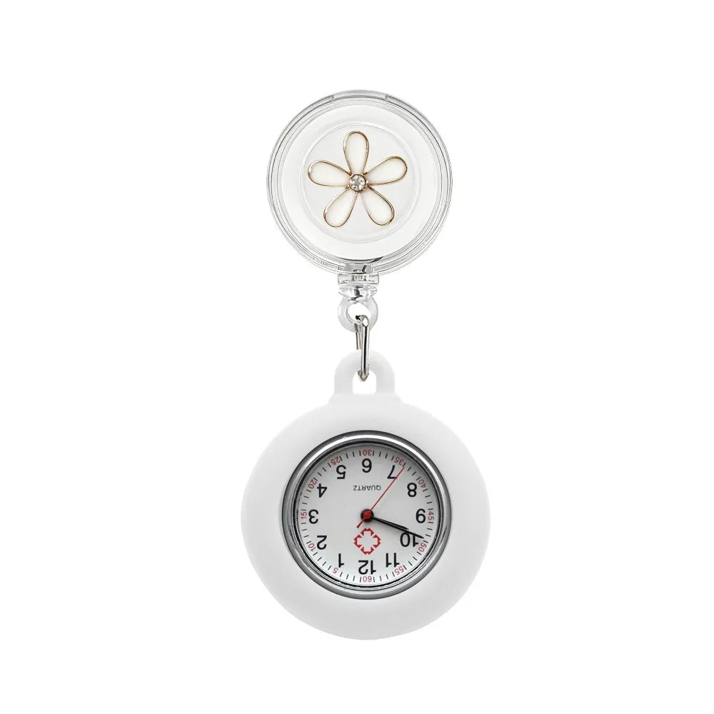 Retractable Nurse Fob Watch – Floral Badge Reel Pocket Watch Nurse Fob Watch PLUSH White small flower