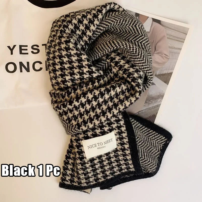 Women's Thickened Double-Sided Knit Scarf Set – Warm Winter Knit Scarf Set PLUSH Black 1 Pc