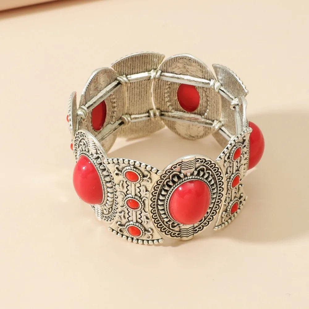 Tribal Wide Elastic Bangle – Bohemian Turquoise Bracelet Cuff Bangle Bracelet PLUSH Red