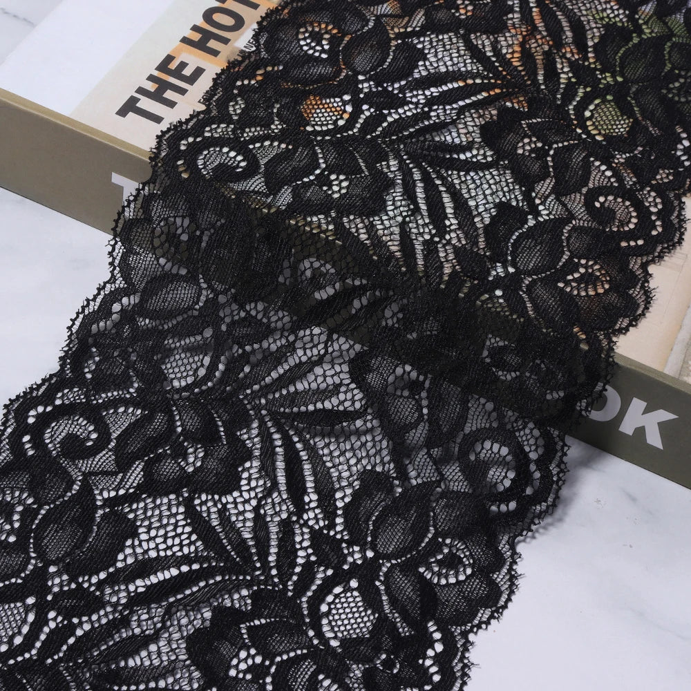 1.5 Yards 15cm Elastic Floral Lace Trim for DIY Sewing Lace Sewing Trim PLUSH black 15cm