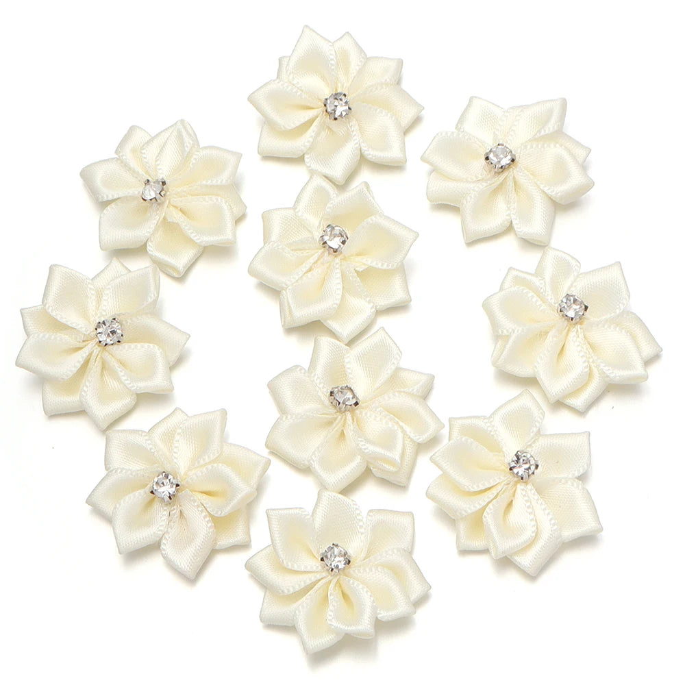 10pcs 3cm Satin Ribbon Flowers Rhinestone 9-Petal DIY Craft Fabric Flower Appliqué PLUSH Beige