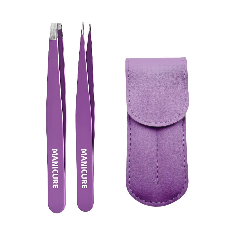 Professional Stainless Steel Tweezers Set with Case – 3pcs Tweezers Set PLUSH Purple Flat Pointed