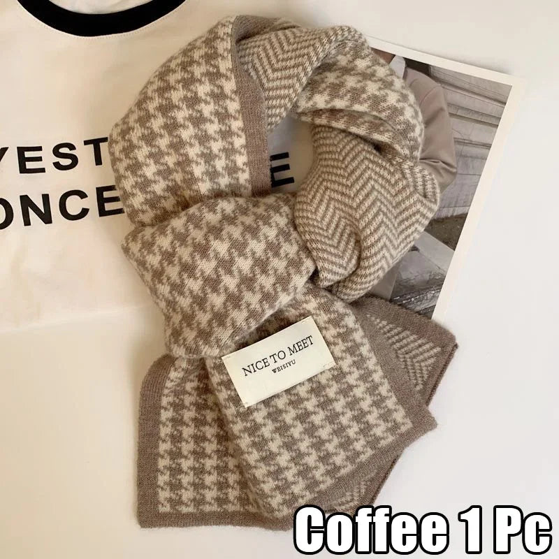 Women's Thickened Double-Sided Knit Scarf Set – Warm Winter Knit Scarf Set PLUSH Coffee 1 Pc