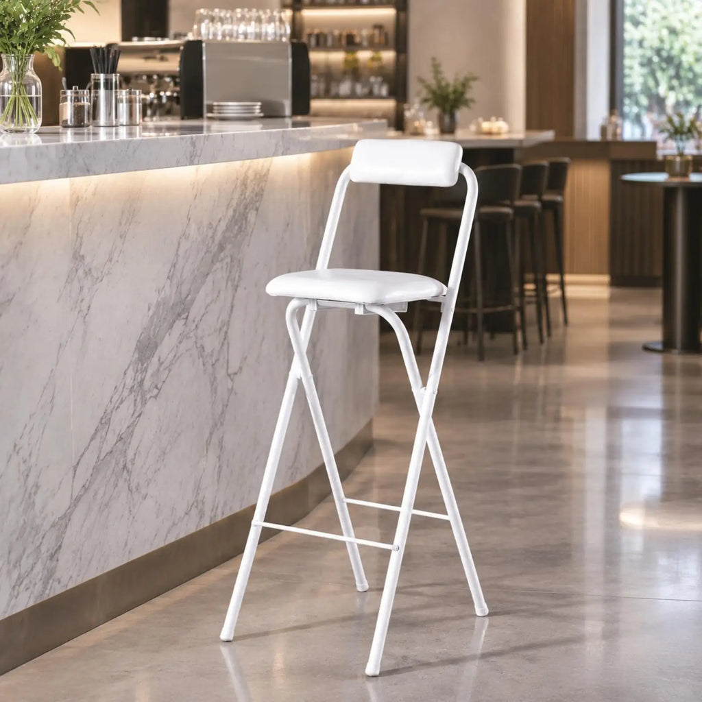 White Faux Leather Foldable Bar Stool | High Counter Chair Foldable Bar Stool PLUSH