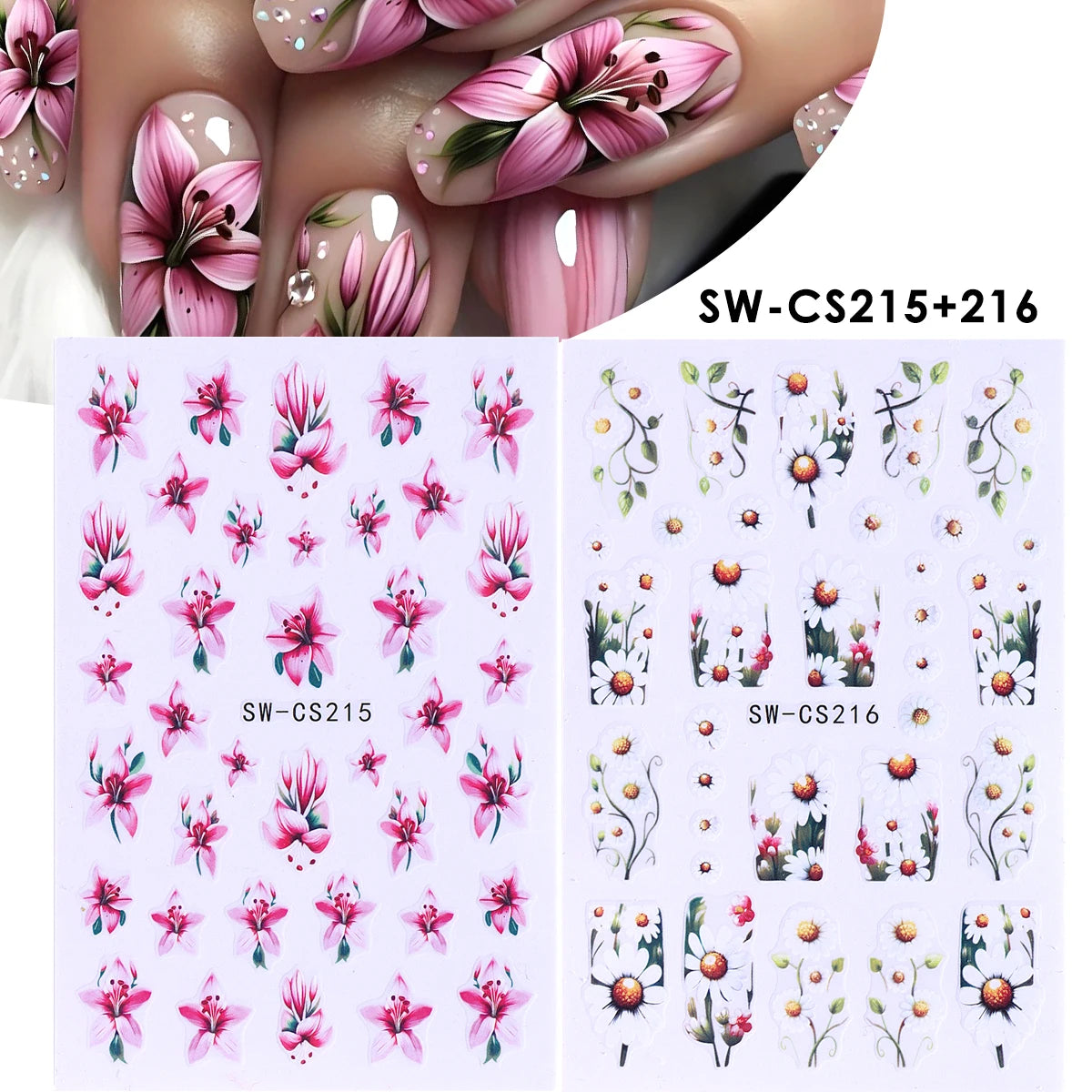 Blooming Flower Nail Art Stickers Peony Rose Floral Decals 2pc Nail Art Stickers PLUSH SW-CS215 SW-CS216