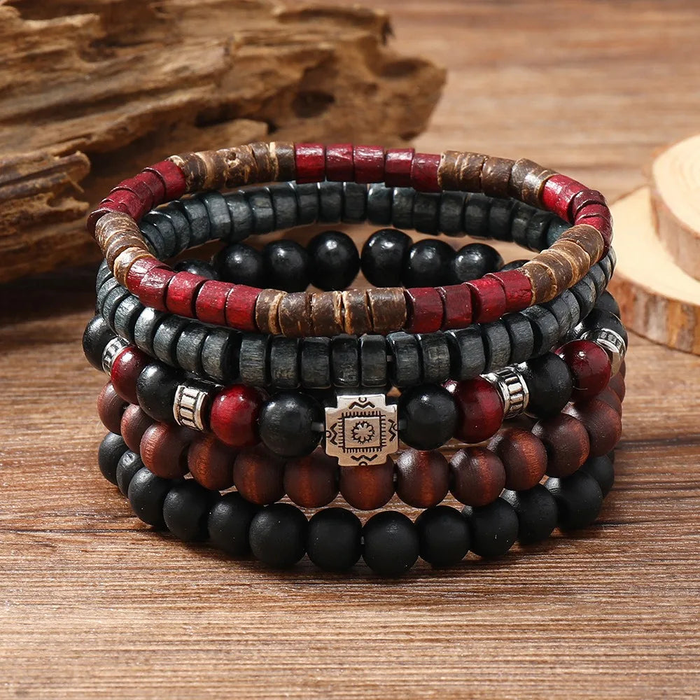 Boho Wooden Bead Bracelet Set – Handmade Stretch Multi-Layer Beaded Bracelet Set PLUSH Style A