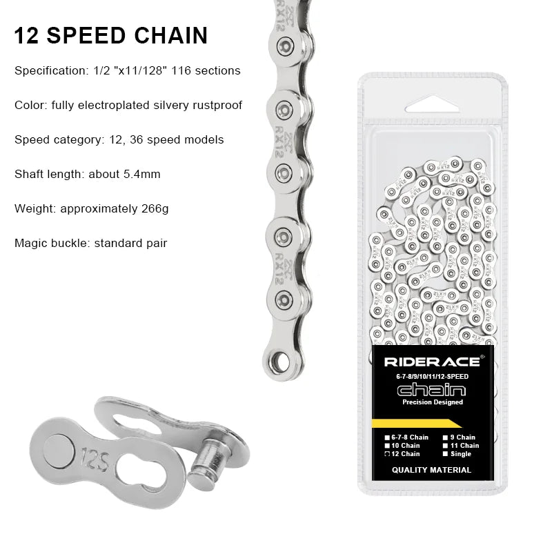 RIDERACE Ultralight Bicycle Chain 116L 8-12 Speed MTB Road Bike Bicycle Chain PLUSH 12 speed