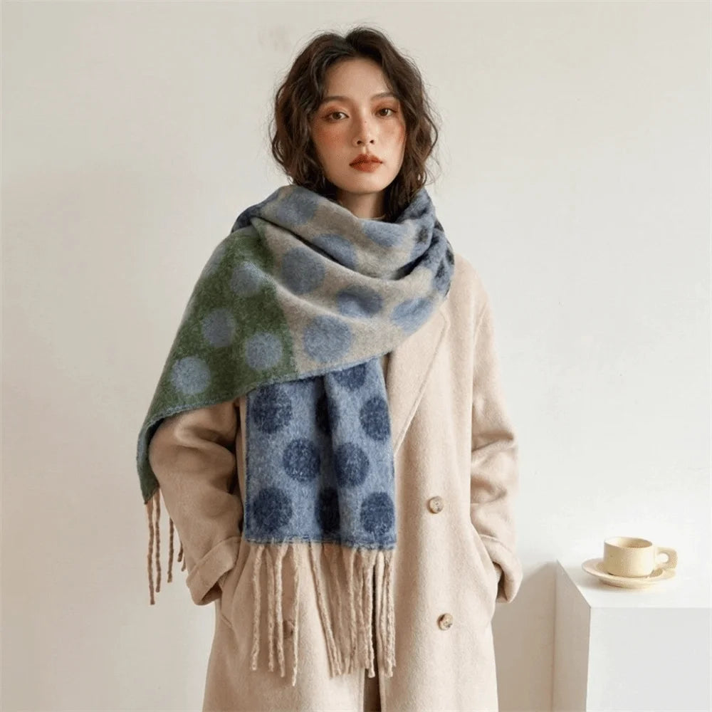 Vintage Polka Dot Faux Cashmere Scarf – Tassel Wrap Shawl Scarf & Wrap Shawl PLUSH