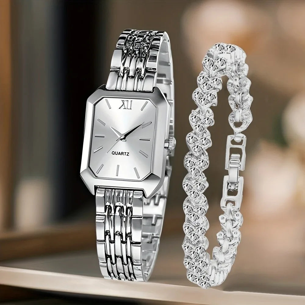 Women's Quartz Watch & Rhinestone Bracelet Set | Rectangle Dial Watch & Bracelet Set PLUSH Style 4