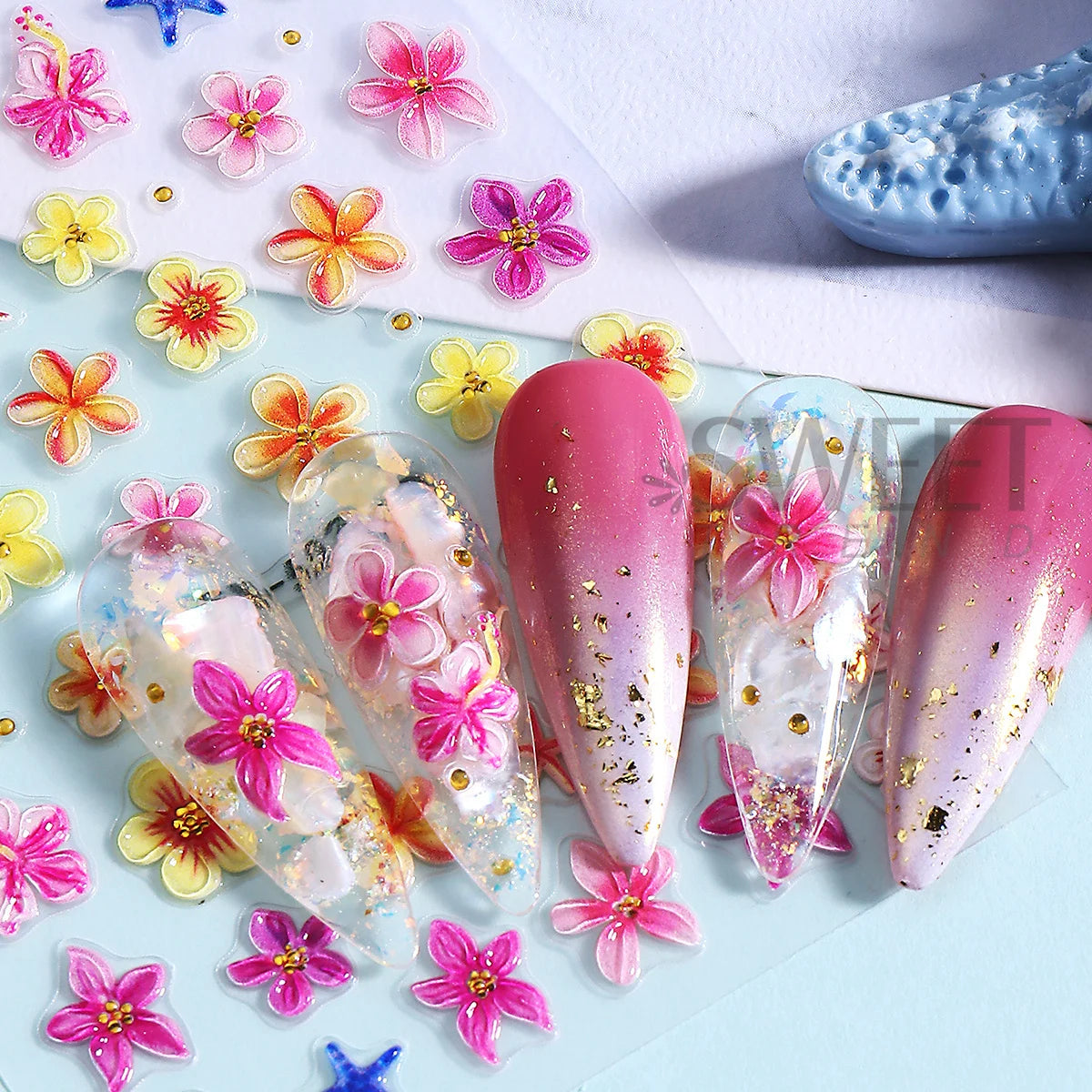 5D Embossed Nail Stickers – Tropical Flowers & Starfish Decals Nail Art Stickers PLUSH
