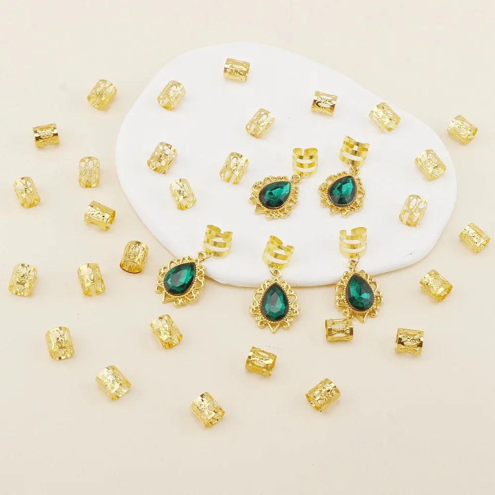 35pcs Emerald Rhinestone Teardrop Dreadlock Beads Filigree Alloy Hair Dreadlock Beads PLUSH