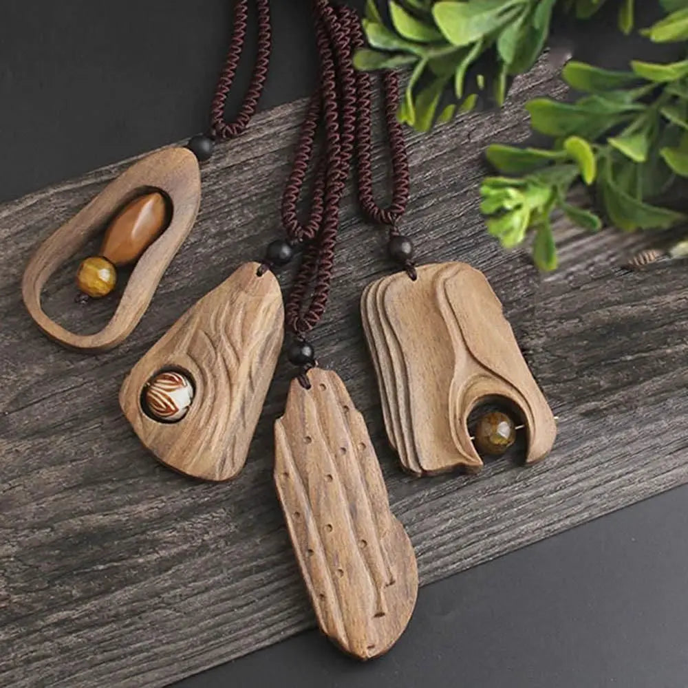 Boho Ethnic Stone Pendant Long Wooden Bead Sweater Necklace Boho Pendant Necklace PLUSH