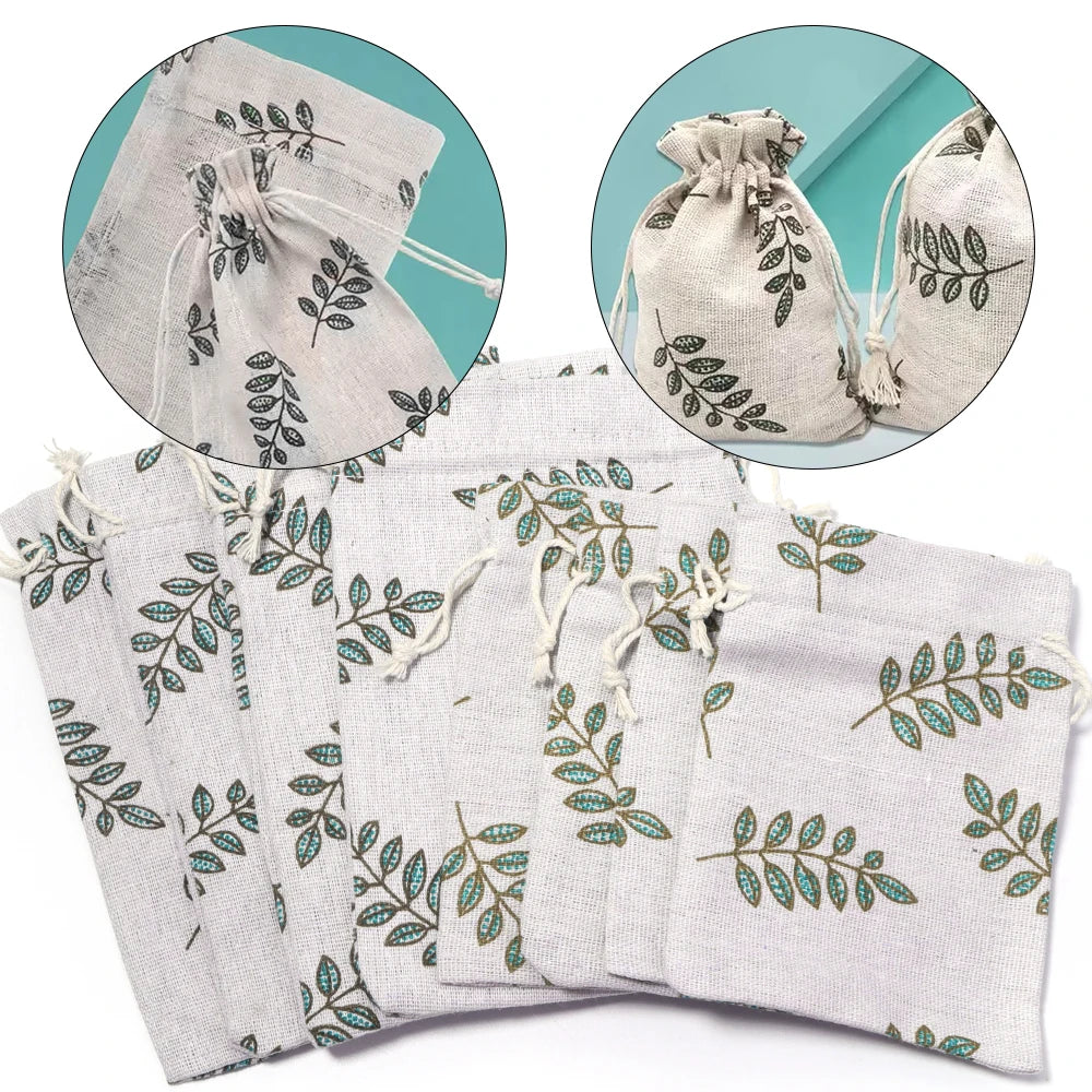 Green Leaf Cotton Linen Drawstring Pouches 5pcs – Gift Bags Drawstring Pouch Bags PLUSH