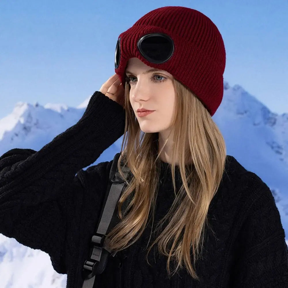 Windproof Knitted Ski Mask Hat with Removable Glasses Ski Mask Hat PLUSH