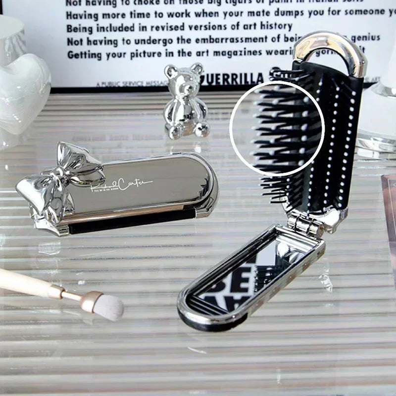 Bow Mini Folding Hair Brush with Mirror – Portable Travel Comb Folding Hair Brush PLUSH