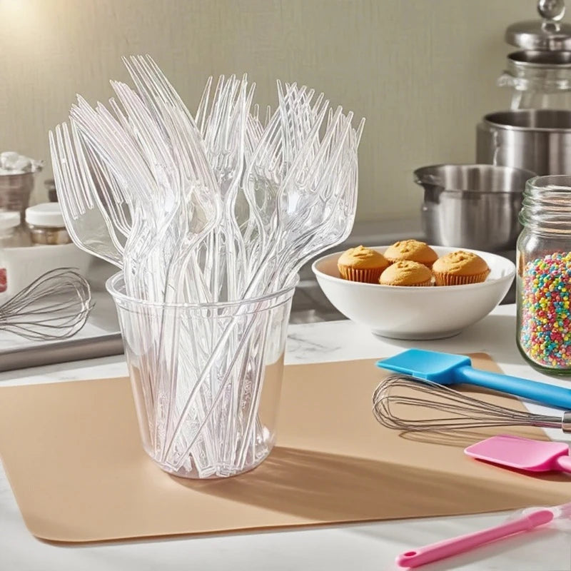 100pcs Clear Disposable Plastic Cutlery Set – Fork Spoon Knife Disposable Cutlery Set PLUSH