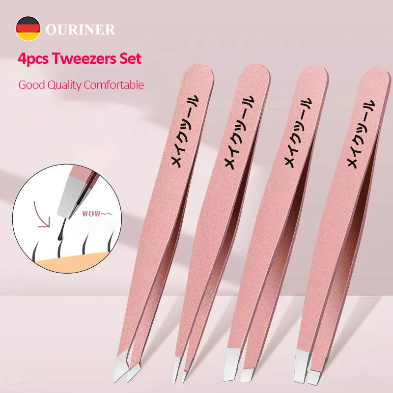 4-Piece Precision Stainless Steel Tweezers Set – Brow & Facial Precision Tweezers Set PLUSH