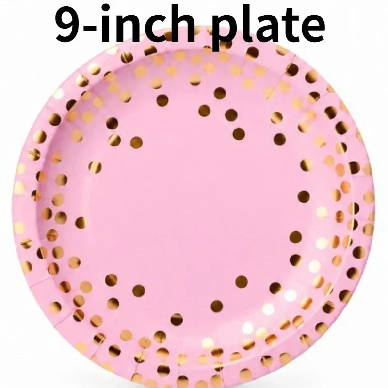 Pink Gold Foil Dot Disposable Paper Plates 7/9 Inch Party Disposable Party Plates PLUSH 9 inch plate 10PCS