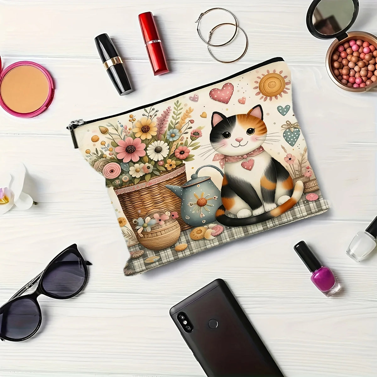 Cat & Flower Makeup Bag – Cute Multifunctional Travel Zip Pouch Makeup Travel Bag PLUSH