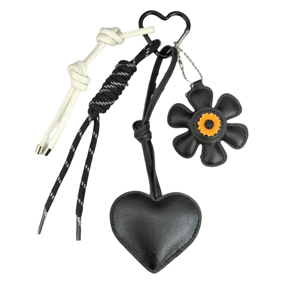 Vintage Sunflower Heart Bag Charm Keychain – PU & Alloy Bag Charm Keychain PLUSH Black