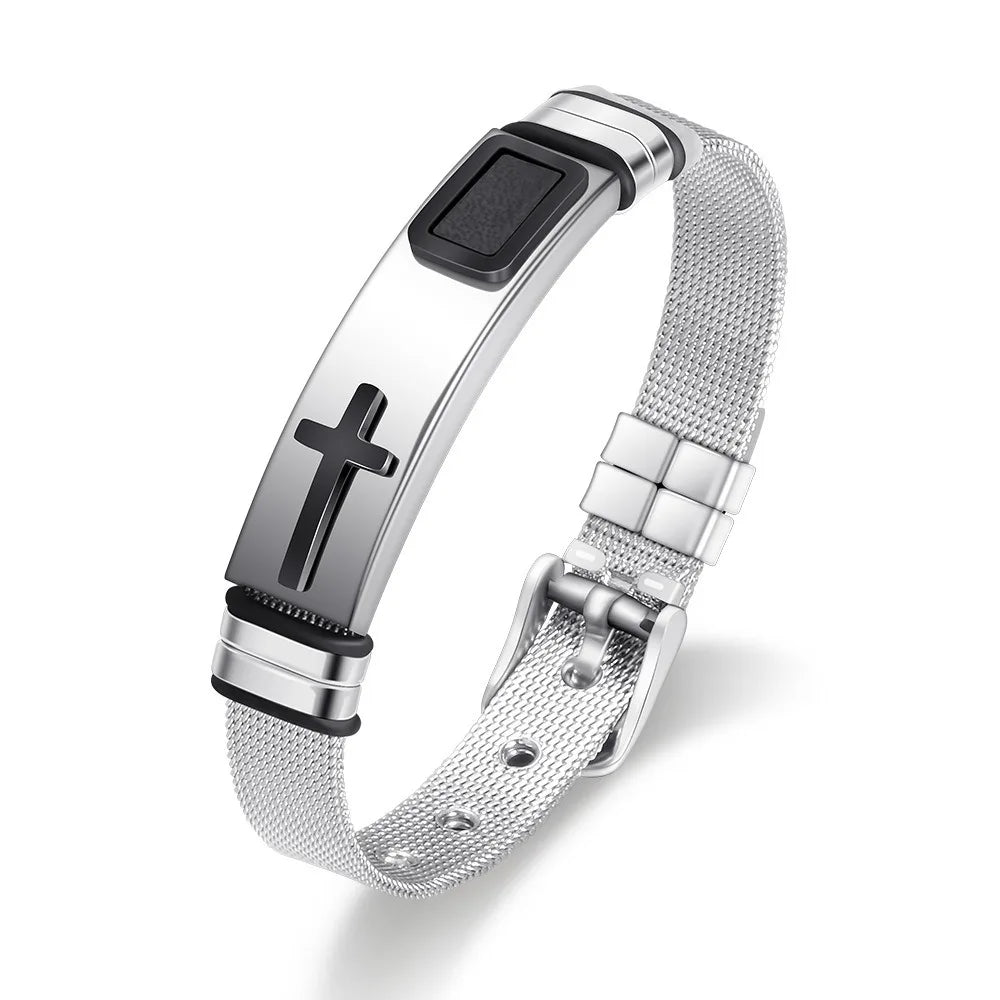 Stainless Steel Cross Bangle – Adjustable Religious Bracelet Religious Bangle Bracelet PLUSH Style C
