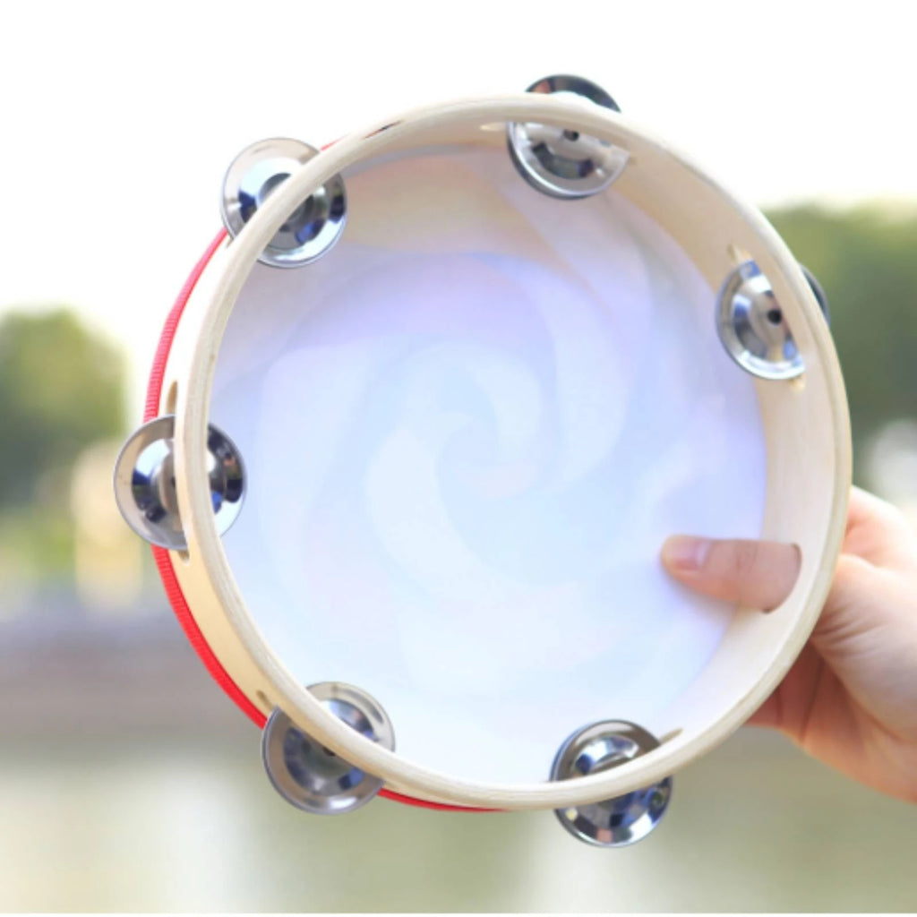 8-Inch Hand Tambourine – Wood Frame & Swirl-Pattern Drumhead Hand Tambourine PLUSH