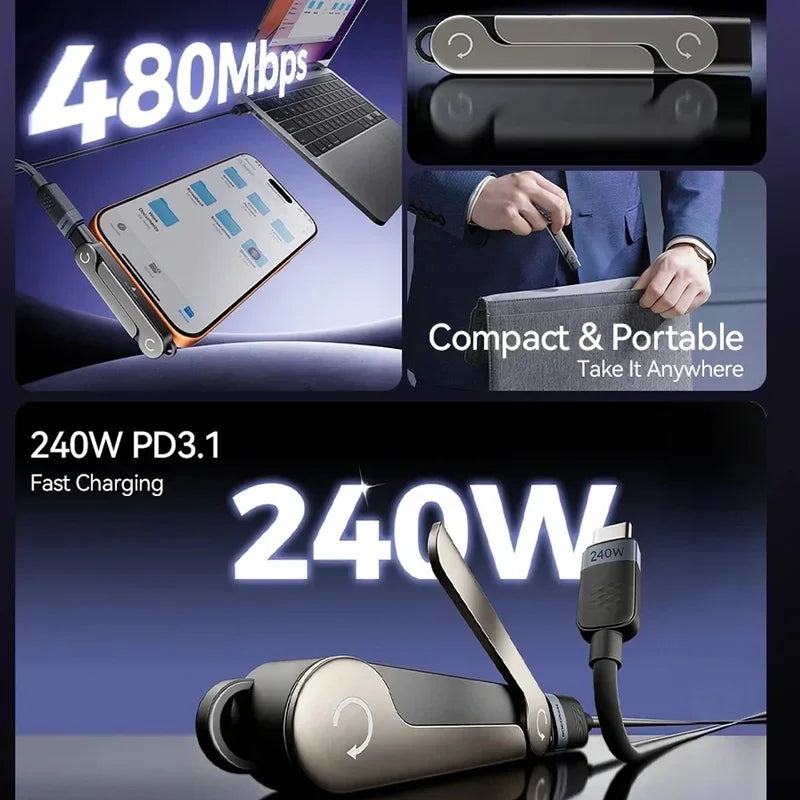 USB-C Flat Charging Cable 240W with Foldable Phone Stand USB-C Charging Cable PLUSH