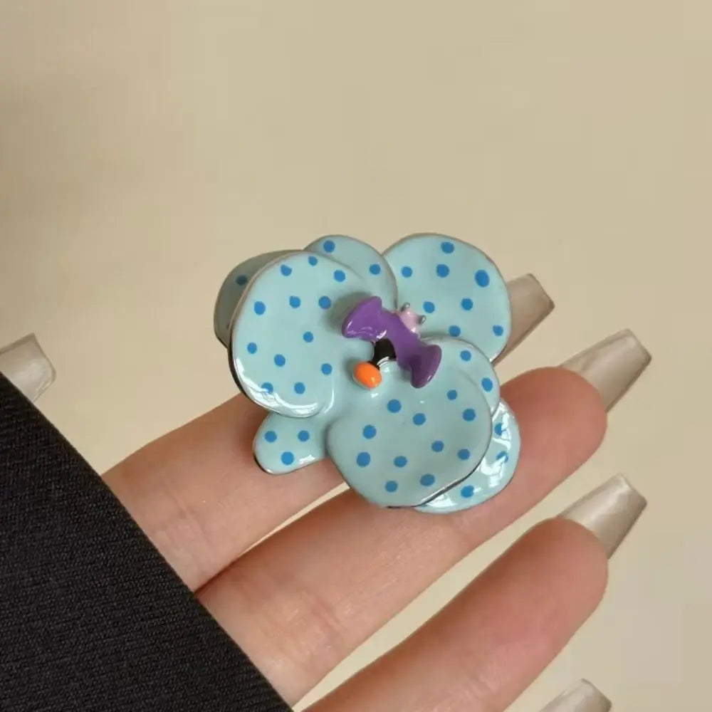Hand-Enameled Flower Stacking Ring | Orchid Polka Dot Bat Design Enamel Fashion Ring PLUSH