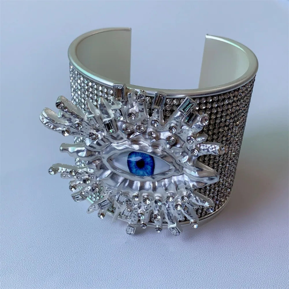 Rhinestone Demon Eye Wide Cuff Bangle – Punk Alloy Bracelet Cuff Bangle PLUSH Style 4 50-52mm WHITE