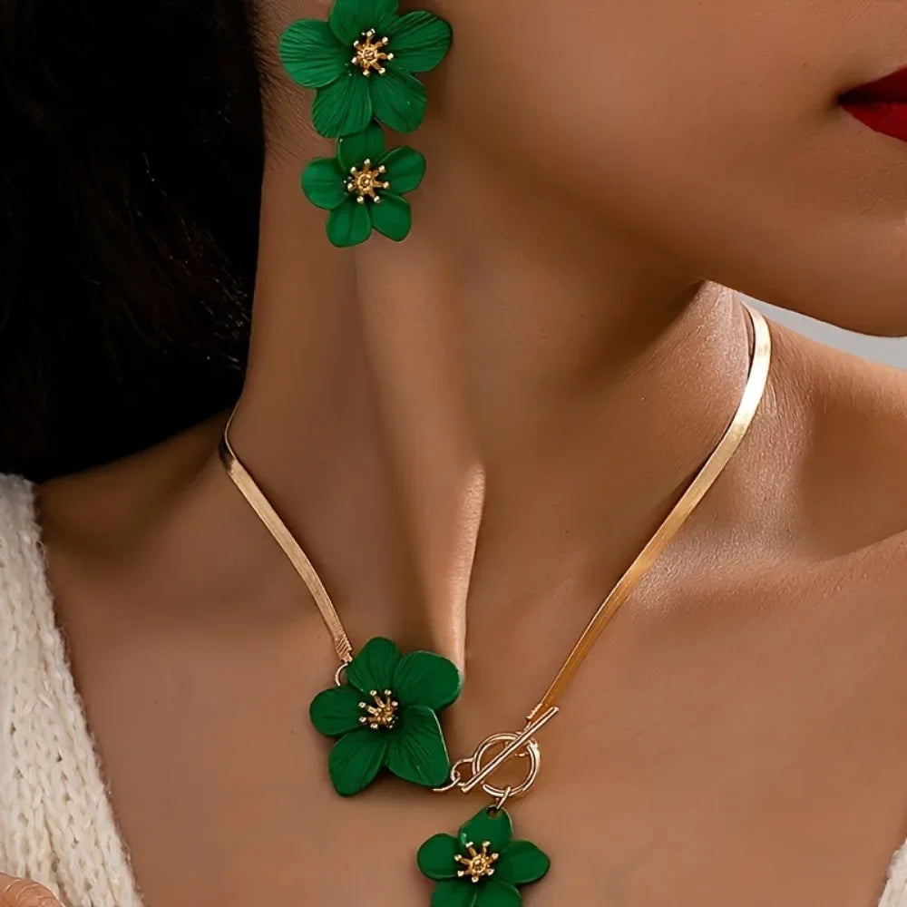 Bohemian Flower Snake Chain Necklace & Earrings Set | Women Jewelry Set PLUSH Green