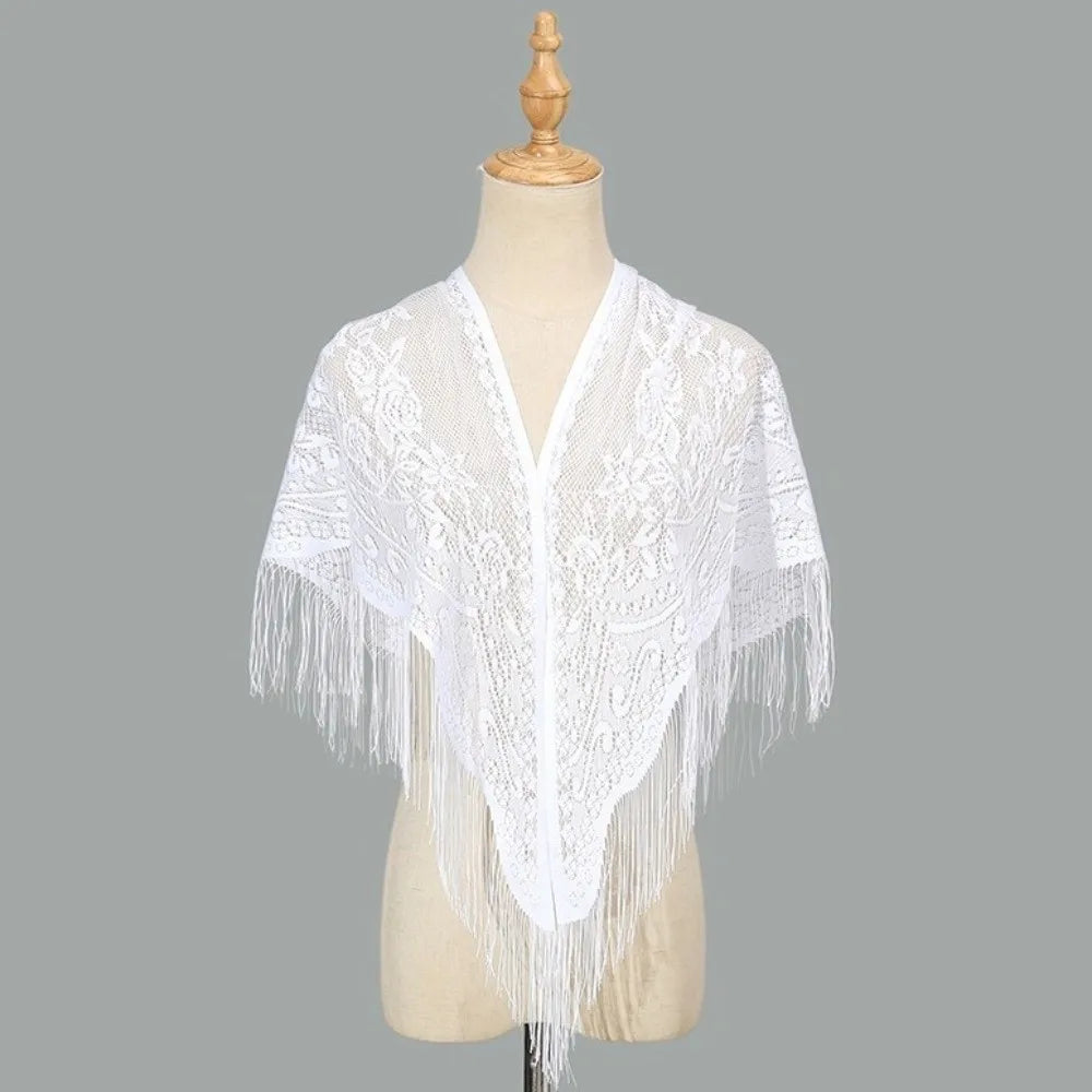 White Lace Mesh Tassel Triangle Shawl | Wedding Scarf Lace Triangle Shawl PLUSH