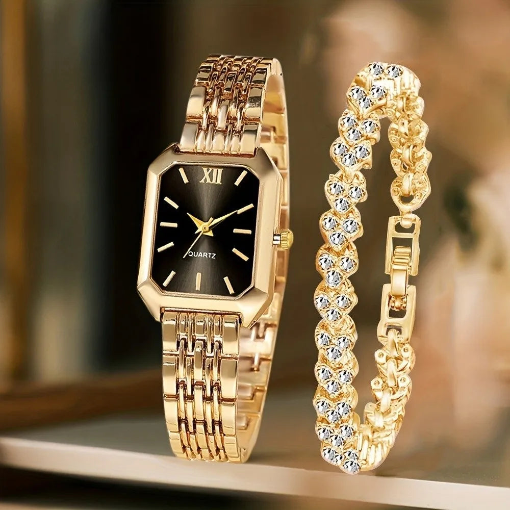 Women's Quartz Watch & Rhinestone Bracelet Set | Rectangle Dial Watch & Bracelet Set PLUSH Style 2