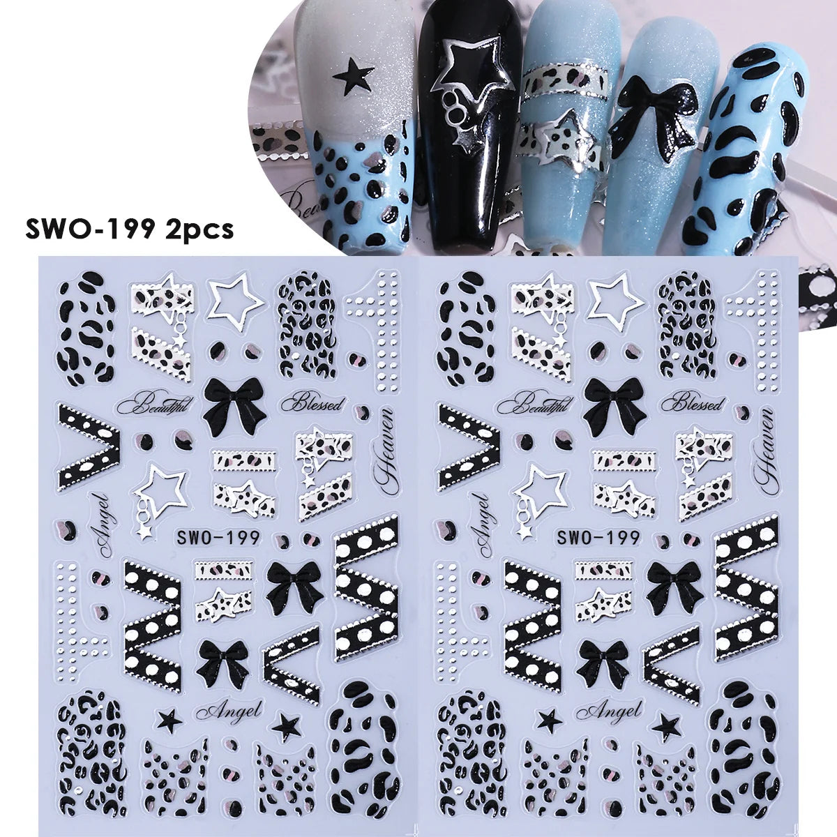 Y2K 3D Matte Nail Decals – Star Leopard Bow Belt Stickers 2pcs Nail Art Decals PLUSH SWO-199 2pcs
