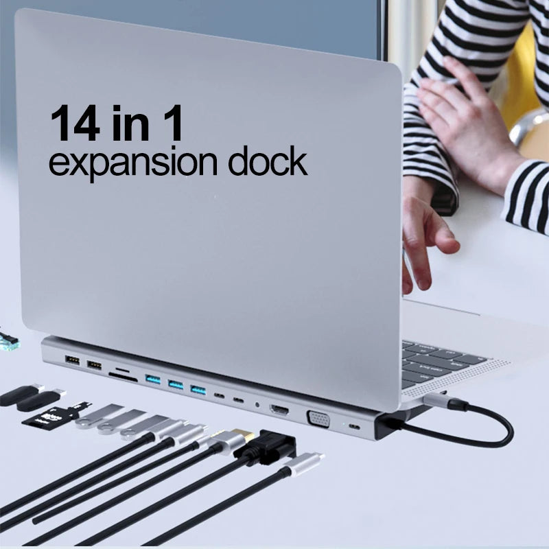 14-in-1 USB-C Hub Docking Station HDMI VGA RJ45 SD Card USB-C Docking Station PLUSH