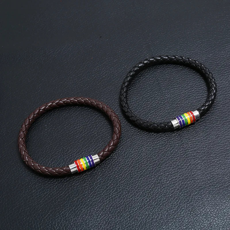 Rainbow Braided Leather Bracelet – Magnetic Buckle Unisex Bangle Leather Charm Bracelet PLUSH