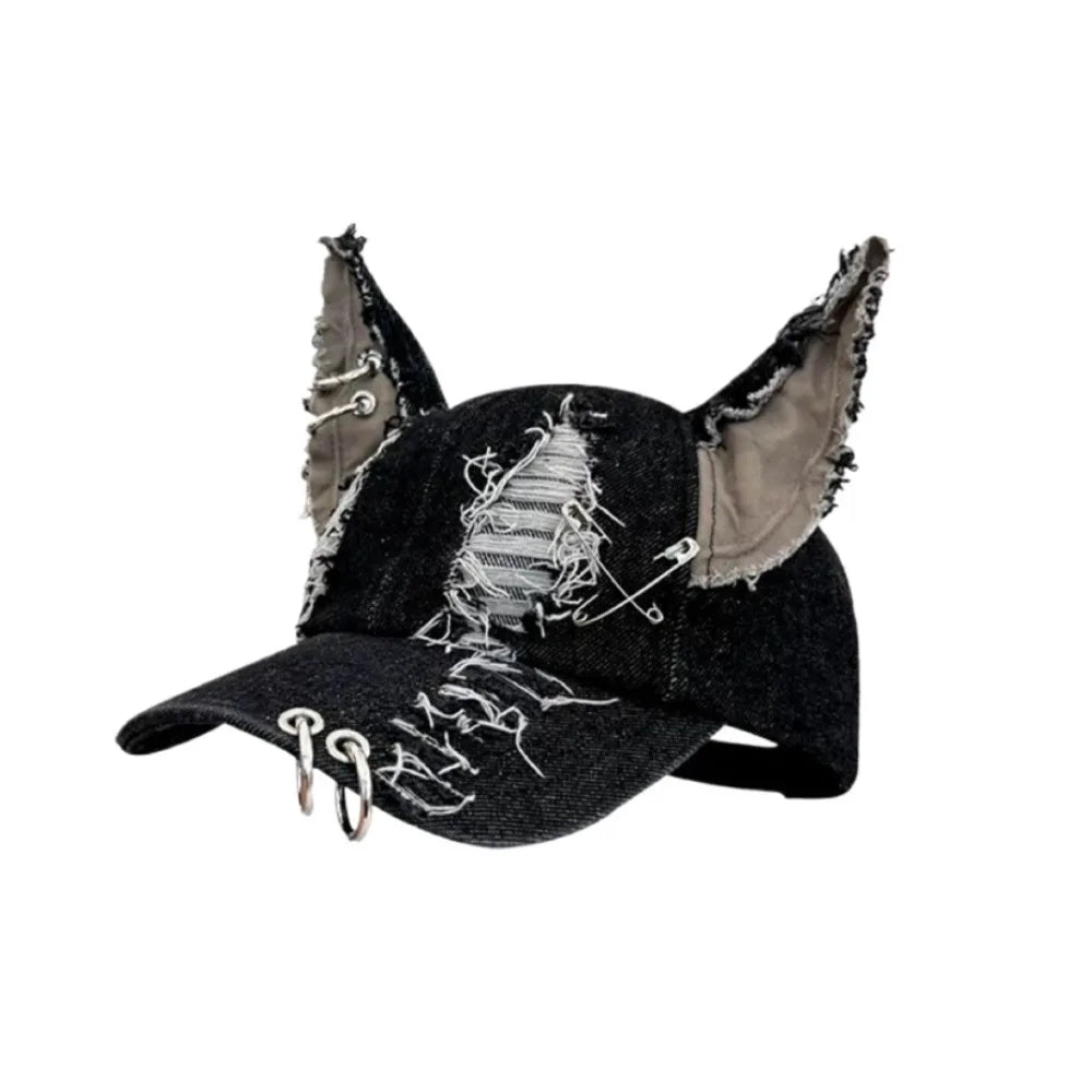 Y2K Bunny Ears Ripped Denim Snapback Cap – Punk Retro Hat Snapback Cap PLUSH Doberman Ears