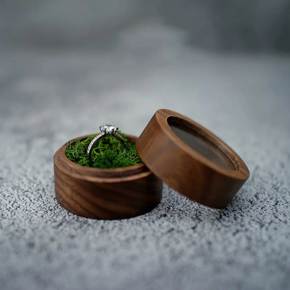 Round Walnut Wood Ring Box – Engagement & Jewelry Gift Case Jewelry Gift Box PLUSH