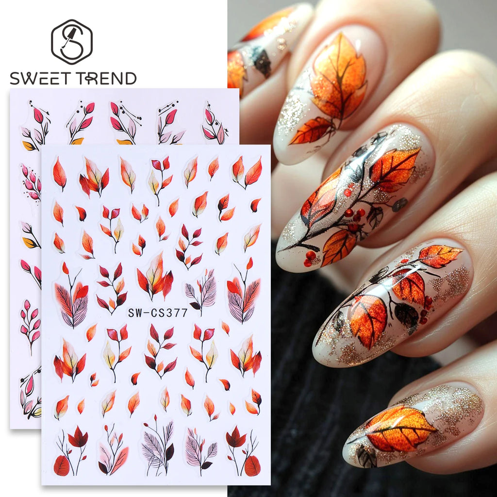 3D Autumn Leaf Nail Decals – 2 Sheets Watercolor Foliage Art Nail Art Decals PLUSH