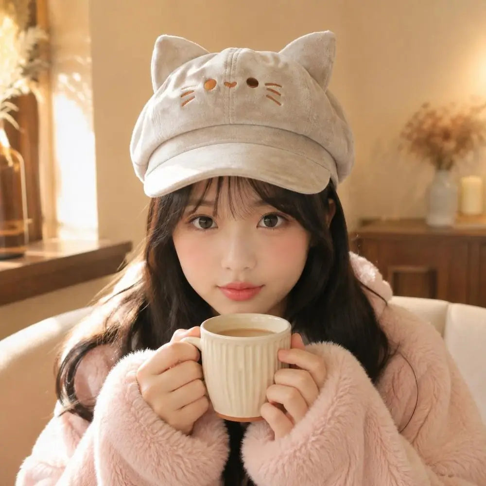 Embroidered Cat Ears Beret – Y2K Lolita Painter Hat Embroidered Beret Hat PLUSH