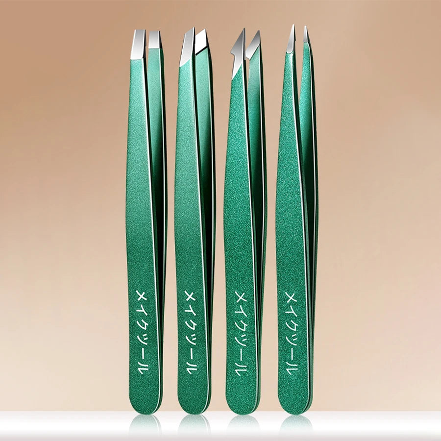 Ouriner 4/6Pcs Stainless Steel Eyebrow Tweezer Set – Colorful Eyebrow Tweezer Set PLUSH Green 4 pcs set