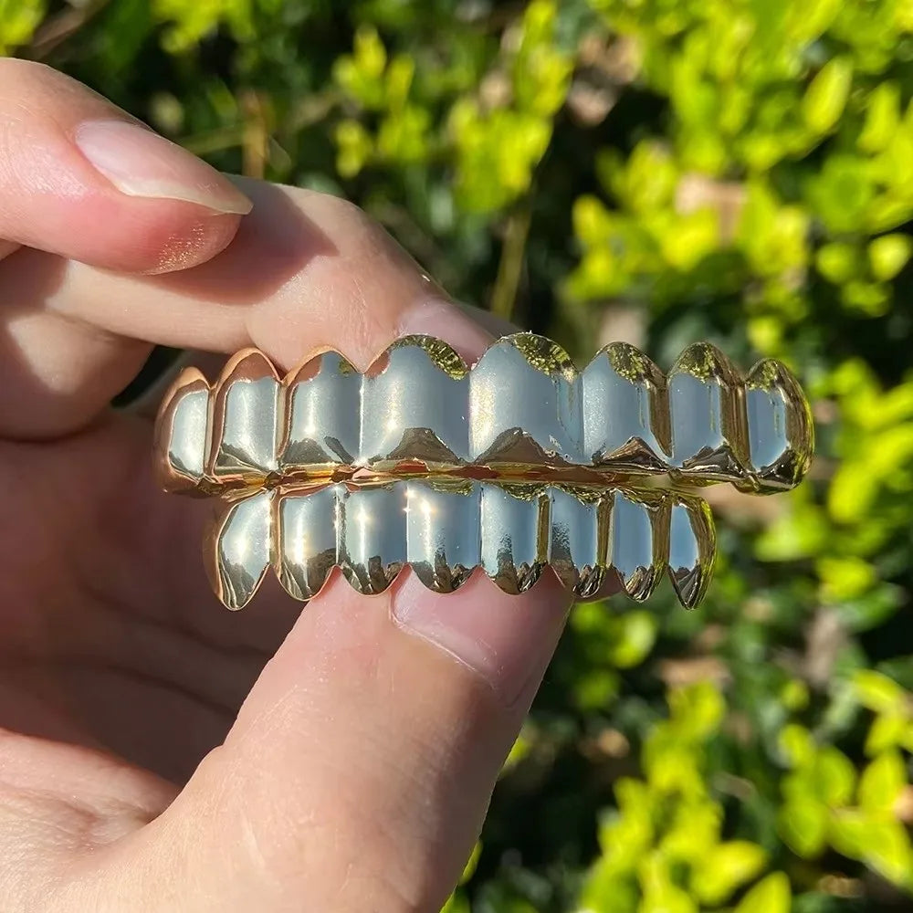 Glossy Silver Teeth Grillz Top & Bottom Set – Shiny Caps Teeth Grillz PLUSH