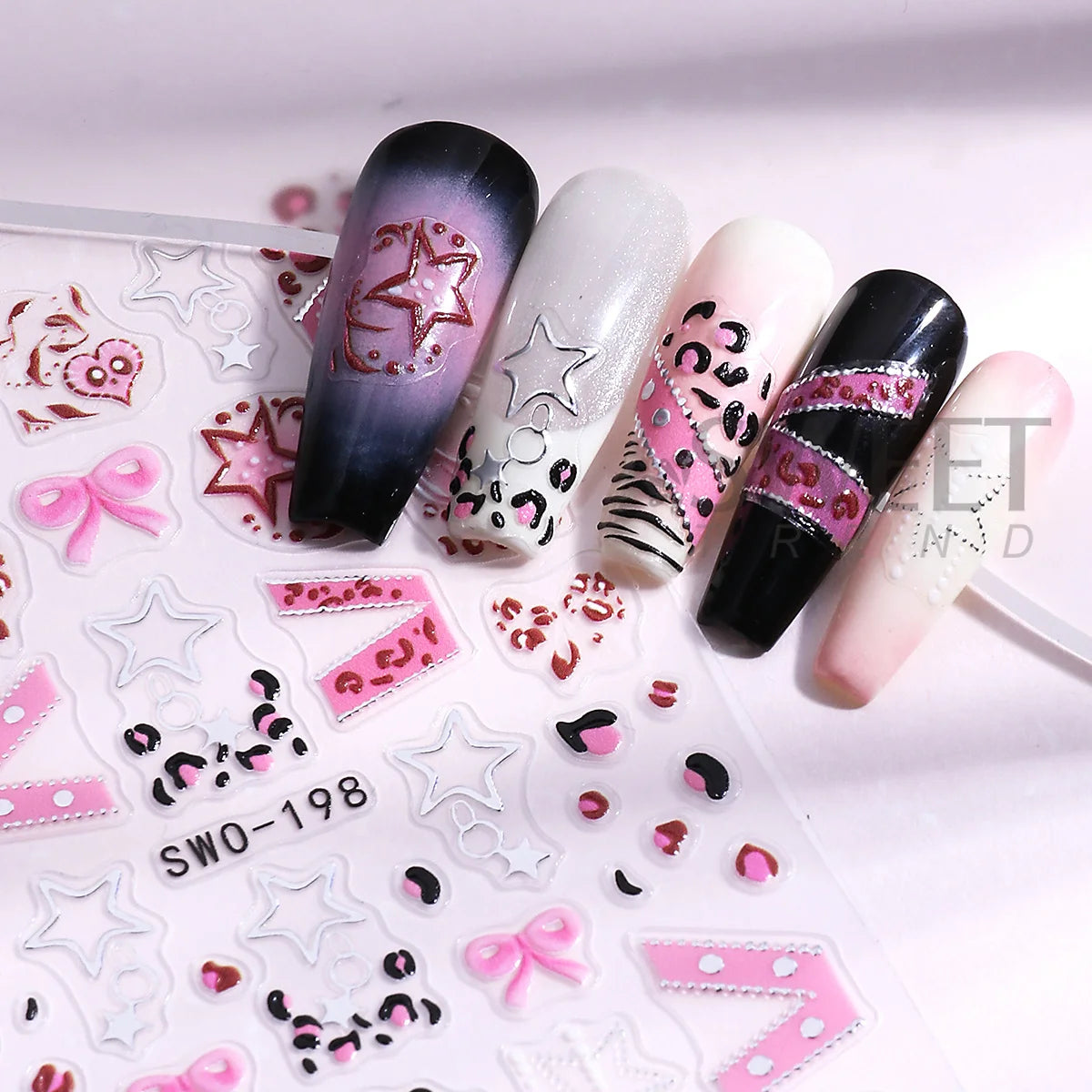 Y2K 3D Matte Nail Decals – Star Leopard Bow Belt Stickers 2pcs Nail Art Decals PLUSH