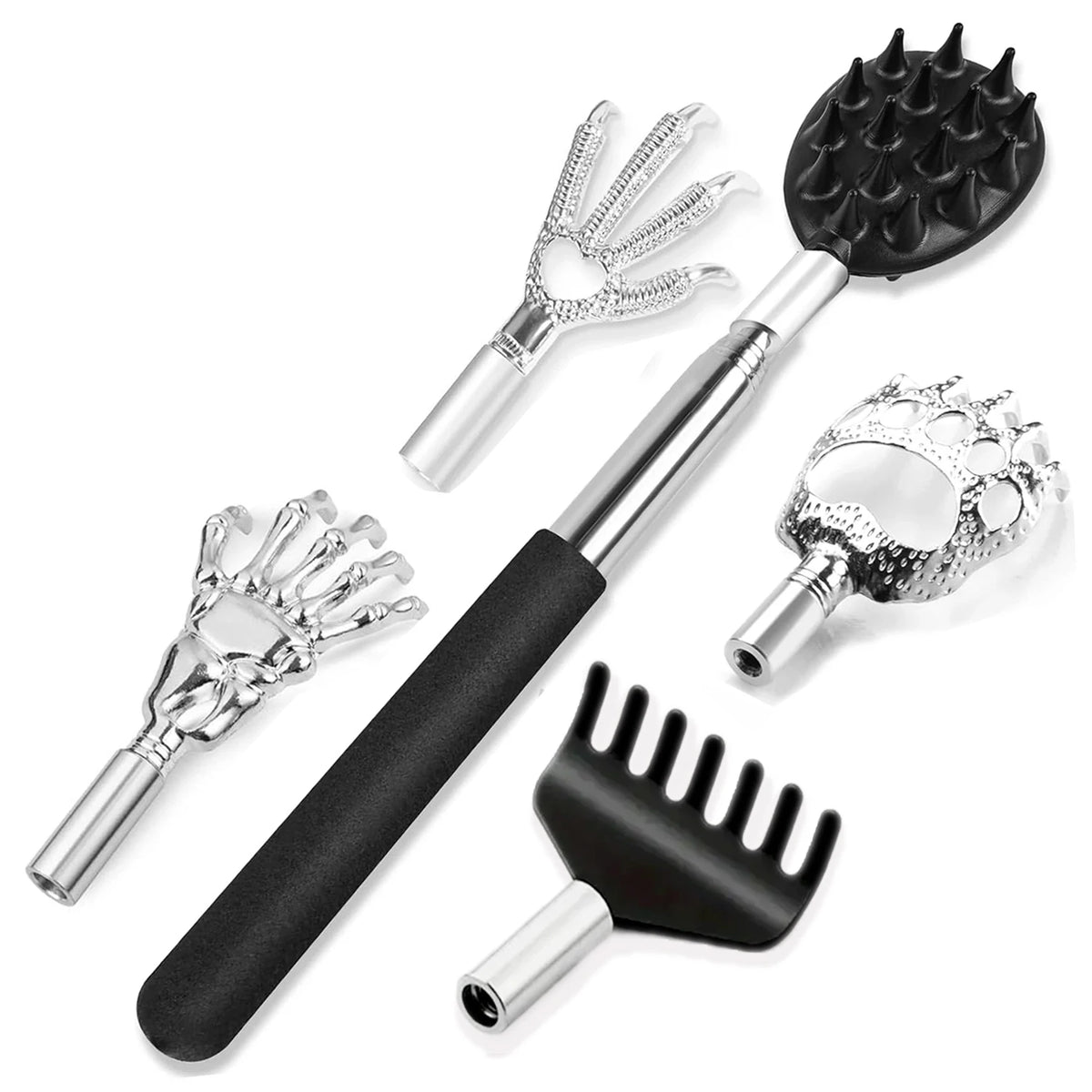 Telescoping Back Scratcher 3/5 Detachable Heads – Extendable Back Scratcher Tool PLUSH 5 in 1
