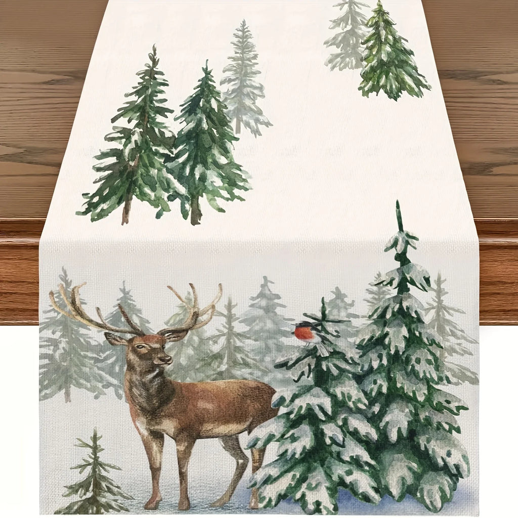 Winter Forest Table Runner – Reindeer Cardinal Christmas Décor Holiday Table Runner PLUSH A 33X90Cm