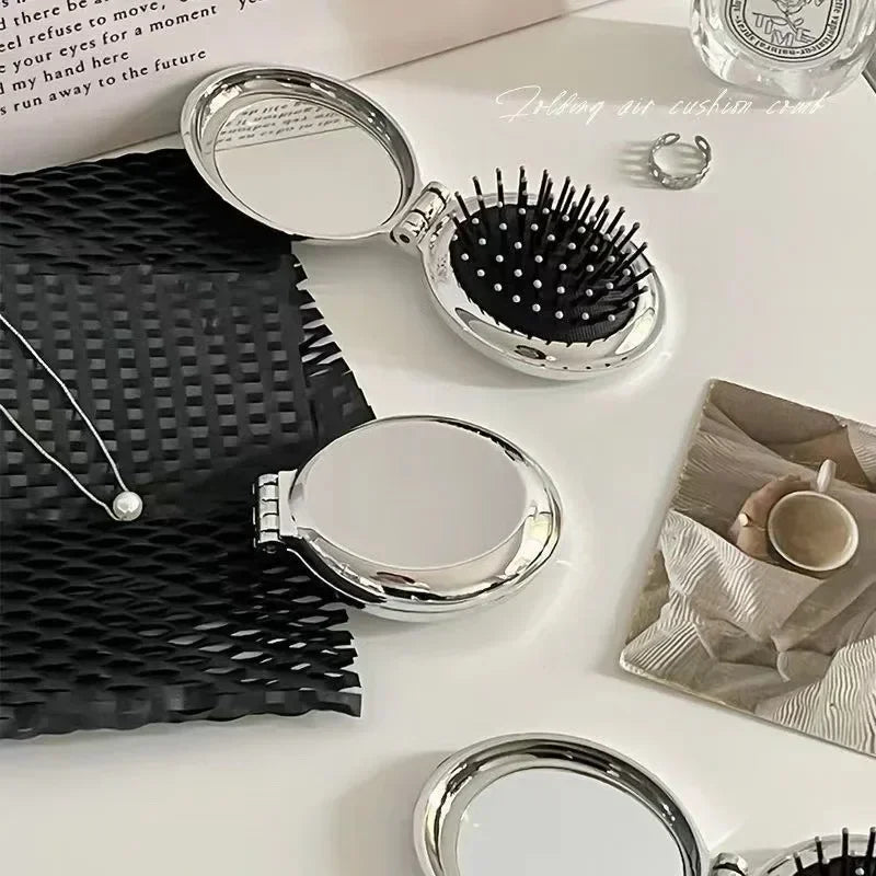 Silver Folding Pocket Comb with Mirror – Scalp Massage Tool Folding Pocket Comb PLUSH ordinary