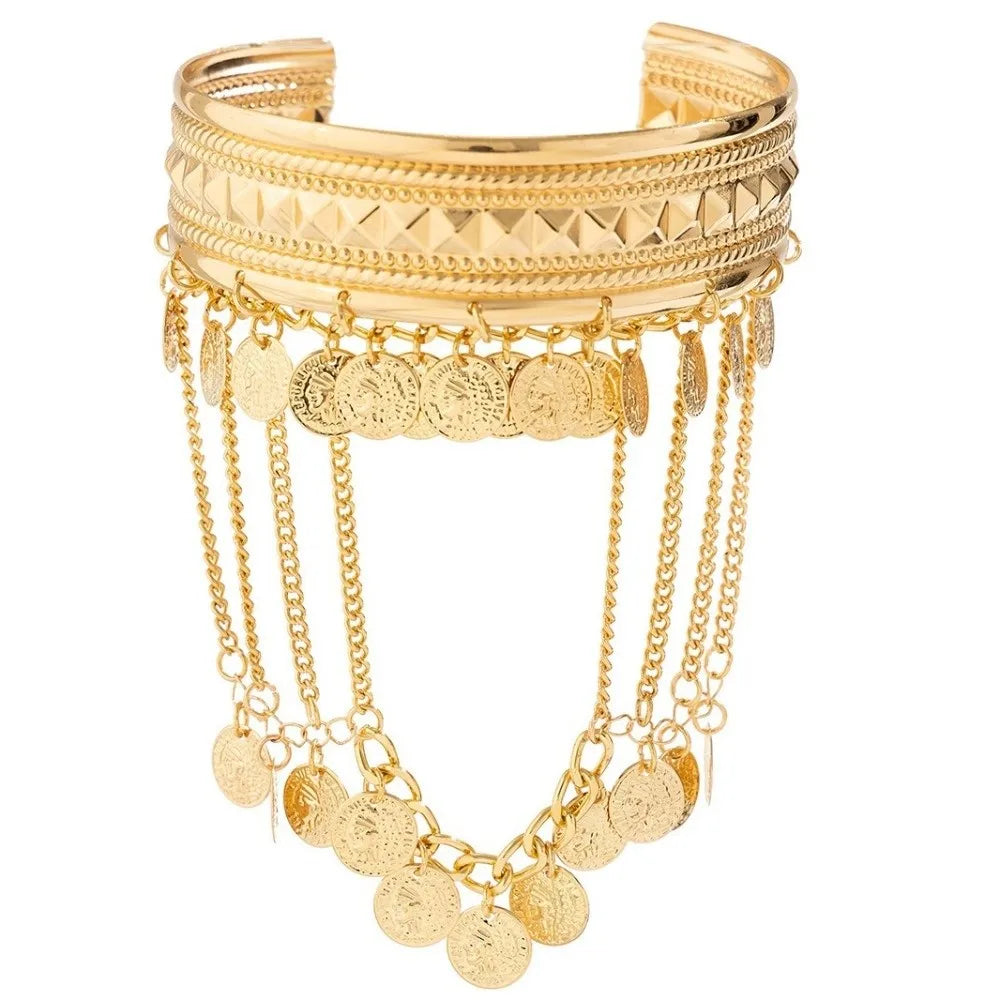Boho Gold Tassel Arm Cuff Bangle – Adjustable Coin Leaf Armlet Arm Cuff Bangle PLUSH Style B