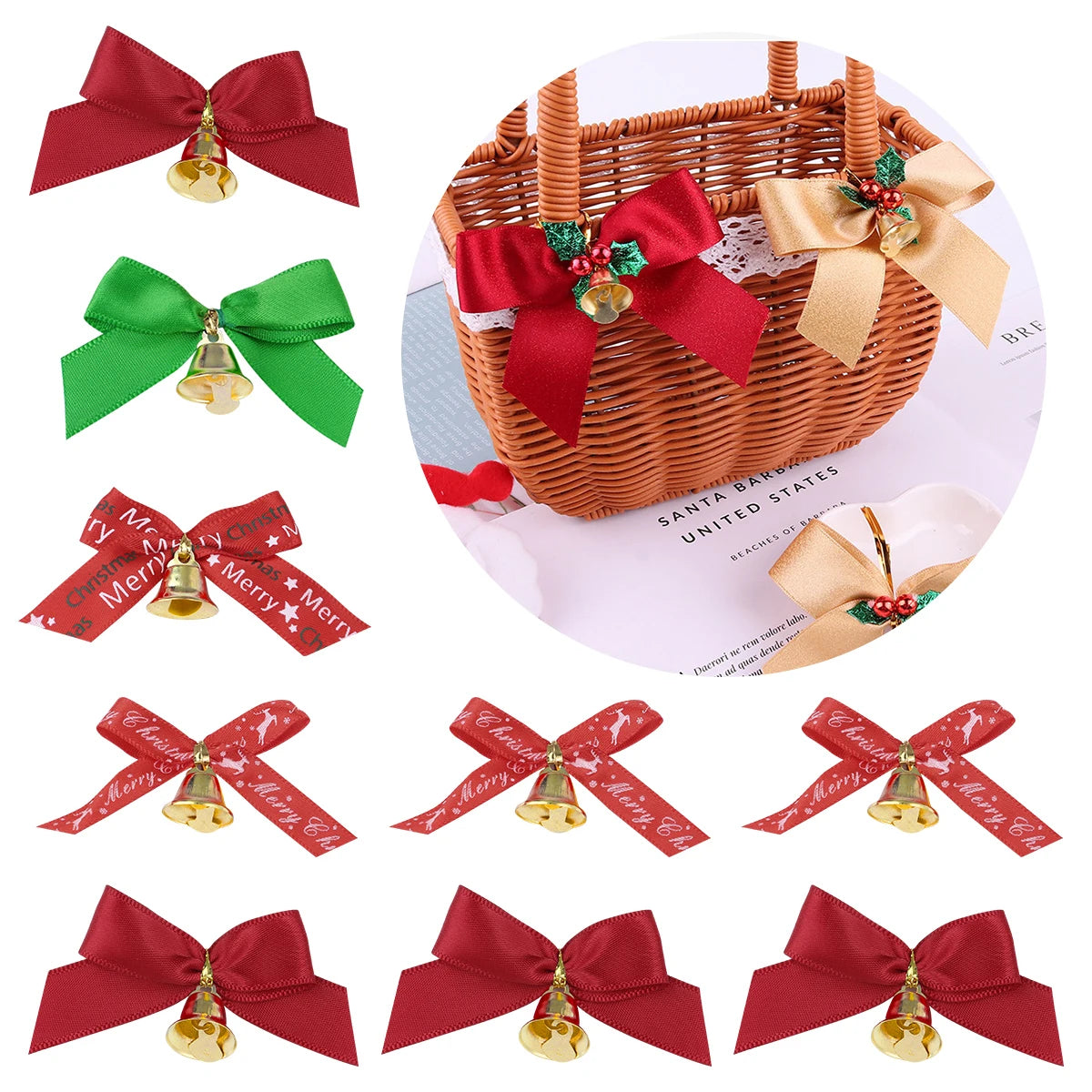 10pcs Christmas Bowknot Bell Bows – DIY Jewelry & Tree Decor Craft Bow Ornaments PLUSH